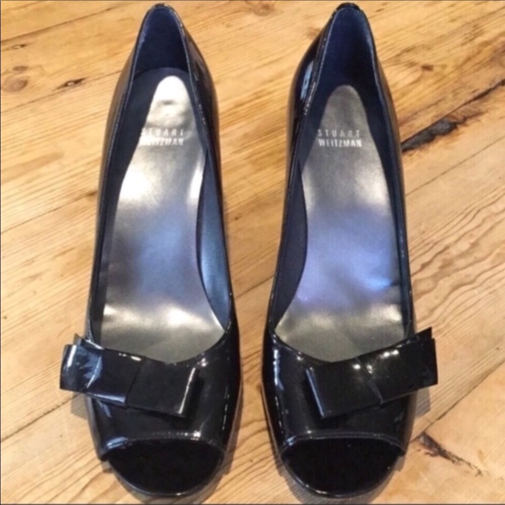 Stuart Weitzman Black Patent Leather Peep Toe Heel